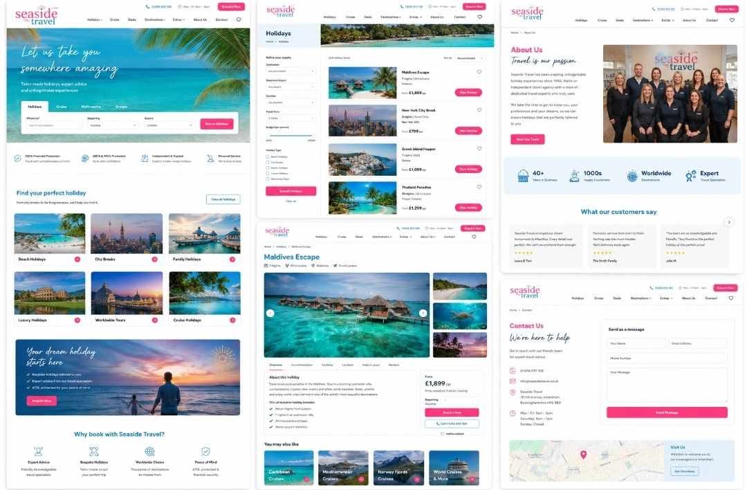 Seaside Travel — SEO-rich travel discovery · CRM · document automation